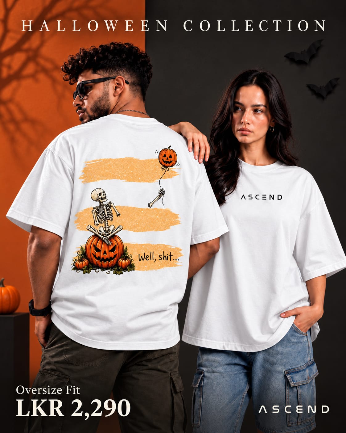 Skeleton Pumpkin Balloon — Halloween Oversized T-shirt — White