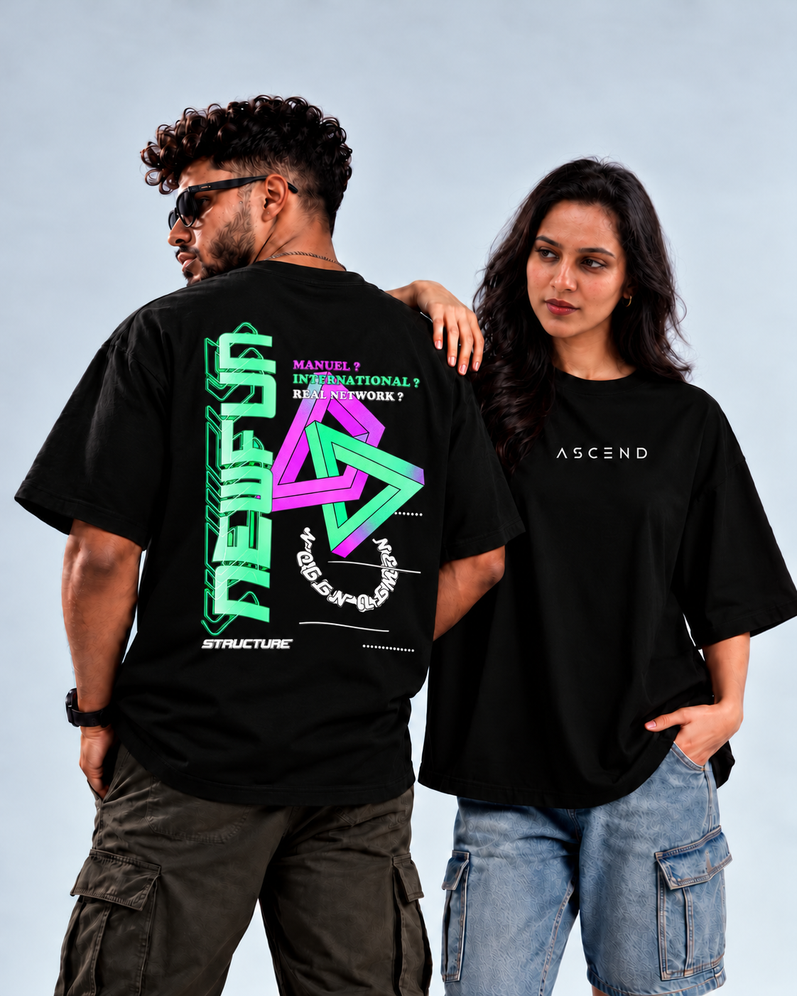 Neon Geometric Triangles — Oversized T-shirt — Black